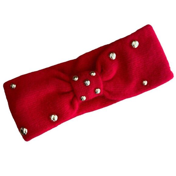 Vintage Wool Ear Warmer Headband Womens Bow Red Knit Gold Bead Detail - Picture 2 of 3